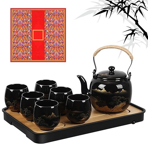 Hushee Juego de té japonés en caja de regalo, juego de té de porcelana mágica con 1 tetera, 6 tazas de té, 1 bandeja de té, 1 infusor de acero inoxidable, juego de té de porcelana china de cerámica