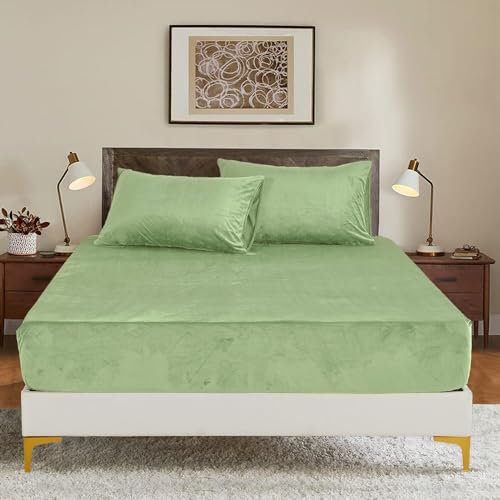 Luowei Fleece Spannbettlaken Bettlaken 140x200cm Hellgrün Winter Extra Warm Plüsch Samt Kuschelige Leintuch 140x200cm Boxspringbett Frottee Spannbetttuch Uni Muster für Hohe Matratze bis 25-30 cm
