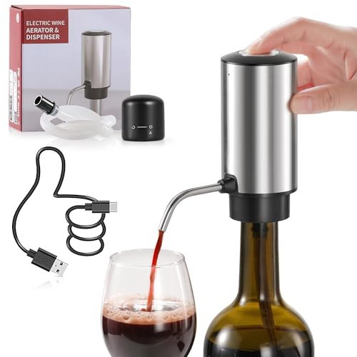 ZOYIDOUX Aérateur et verseur de vin électrique,Distributeur de vin rechargeable avec câble USB et Bouchon de vin avec serrure,Pour aérateur de vin à oxydation,Cadeau pour Amateurs de vin(Inox)