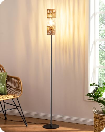 EDISHINE Lámpara de Pie LED con Pantalla de Cuerda Tejida, Estilo Vintage 2700K, Lámpara de Pie Bohemia E27 para Dormitorio, Habitación Infantil o Salón, Altura de 165 cm, Color Negro