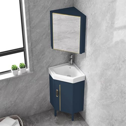 VBVARV Mobile da Bagno Ad Angolo con Lavandino Montaggio A Pavimento Vanità del Bagno con Armadietto A Specchio per Piccoli Spazi,2 Set,56cm