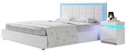 Bed Frame with Storage, 5FT King Faux Leather Bed, Ottoman Gas Lift Storage Bed Frame, LED King Size Bed for Bedroom Home, White