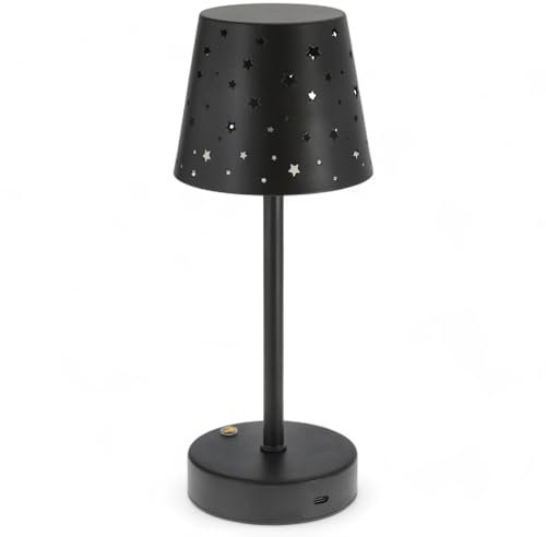 kabellose LED-Tischlampe LED Akku-Tischleuchte mit Touch-Schalter, dimmbar kabellos tragbar, Leselampe Nachttischlampe für Wohnzimmer, Schlafzimmer, Schreibtisch, Lesen (Schwarz - Schirm mit Sternen)