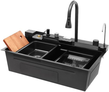 Lavandino da cucina multifunzione con display digitale a cascata goccia in lavello per cucine, caffetterie, hotel, 80 x 46 x 22 cm, nero