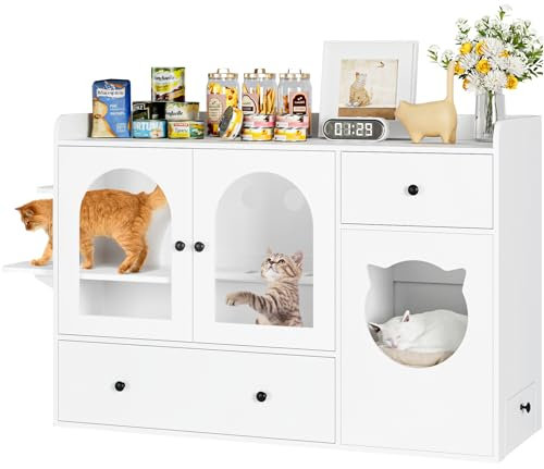 FirFurd Cat Litter Box Enclosure Hidden Litter Box Furniture Wooden Cat House Indoor Washroom Storage Cabinet with Ventilation Holes, 2 Feeding Bowls and 2 Drawers 140x82x45cm White