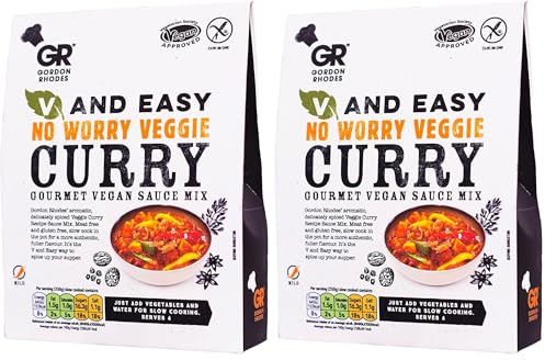 Gordon Rhodes' No Worry Vegan Curry Recipe Sauce Mix. an Aromatic delicately Spiced Vegan Veggie Curry, Free from Meat and Gluten. Slow Cook for a More Authentic, Fuller Flavour (1 x75gm) (Pack of 2)
