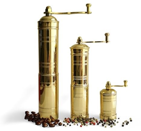 Milih Set of Three Turkish Manual Coffee Grinders, Gold Brass Coffee Mill, Pepper Grinder, Kitchen Decor, Adjustable Coffee Mill with Handle, Fixed Top