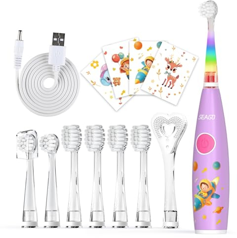 Seago Elektrische Zahnbürste Kinder ab 1 Jahr, Schallzahnbürste Kinder mit LED-Lichtern und DIY-Aufklebern, 8 Weiche BPA-freie Bürstenköpfe, Kinderzahnbürste für Baby 0 bis 3 Kleinkind, SG-2159(Rosa)