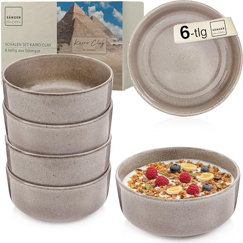 Sänger Kairo Clay | Steingut Schüssel Set 6 teilig, Müslischalen für 6 Personen, Schalen, kratz- mikrowellen- spülmaschinenfest, Kleine Schüsseln Tiefe Teller Grau 800 ml | VALUE COLLECTION