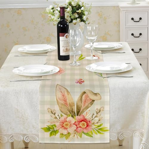 FairyPeach Ostern Tischläufer, Ostern Table Runner, Leinen Ostern Tischläufer, Tischdekoration zu Ostern, Osterei Ostern Tischdeko, Osterhasen Dekoration Tischdecke (Hasenohren)