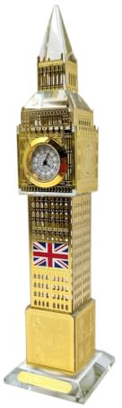 JRose Collections Big Ben London Souvenir mit Farbwechsel, 18 cm, beleuchtet, goldfarben, Miniatur-Uhrturm-Nachbildung mit Union Jack, LED-Ornament auf Kristallsockel, Reisegeschenk oder