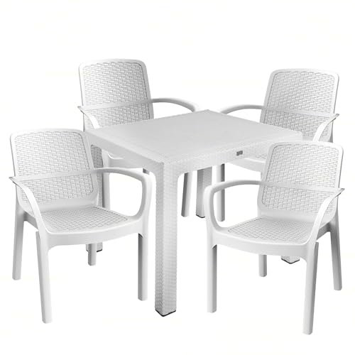Sicignano | Set für Außenbereiche, Stuhl Numana, Tisch 90 x 90 cm, wasserdicht, stapelbar, UV-beständig, ideal für Innen- und Außenbereiche, Bars, gewerbliche Restaurants (1, 4 Stühle und 1 Tisch)