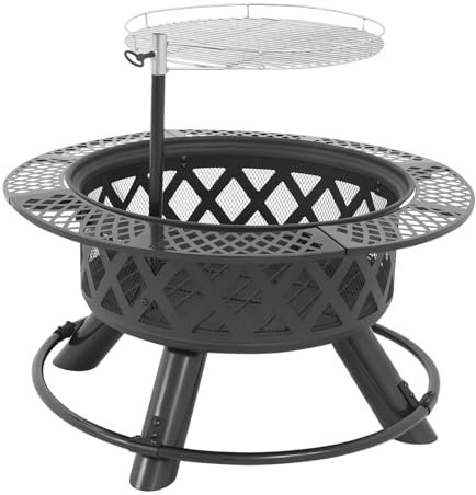 Feuerstelle mit Grill 36 Zoll Rund für Camping Garten Terrasse Outdoor Holzkohle Tisch 45 cm Grilldurchmesser 43 cm Höhe Robuste Eisenstruktur für BBQ und Wärme