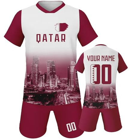 Qatar Fußball Trikot für Kinder Von 3–14 Jahren, Personalisiert Fussball Trikot Jungen und Mädchen Mit Eigenem Namen Nummer, Fußball T Shirt Shorts Set Trainingstrikots