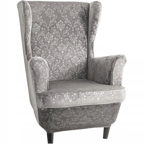 Domidekor Ohrensessel Überzug – Sesselschoner Grau – Sesselbezug Stretch - Strandmon Sessel Bezug – Sesselhusse Elastisch Velour Schmutzabweisend - Oeko-Tex 100