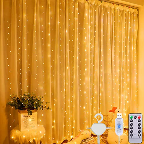 SaiXuan Lichtervorhang Warmweiß 3x3m, 300 LED Lichterkette Vorhang mit USB & Fernbedienung, 8 Modi Timer dimmbar, Lichterkettenvorhang für Fenster Wand Balkon Party Innen Außen Deko