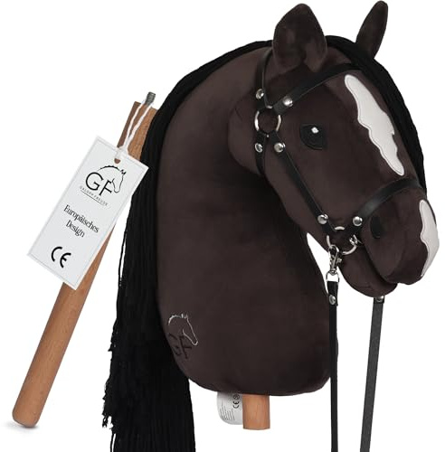 GaloppFreude® Hobby Horse Pferde Braunschecke – Großes A3 Steckenpferd mit Schraubstab & Trense – Hobby Horsing Pferd zum Reiten für Kinder & Stockpferd mit Langer Mähne – Inkl. Hobby Horse Zubehör