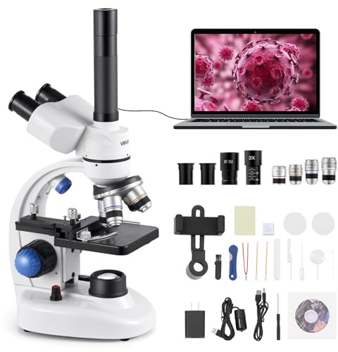 VEVOR Microscopio Trinoculare, Kit Microscopio Composto con Ingrandimento 40-5000X, Corpo in Lega di Alluminio, Illuminazione a LED Supporto per Telefono Inclusi, per Laboratorio, Scuola