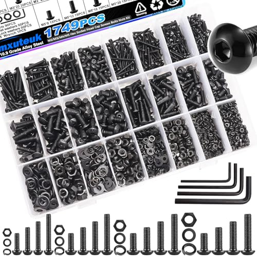 mxuteuk Metrische Schraubenklassifizierung, M2 M3 M4 M5 Metrische Schraubenklassifizierungs kit, sechseckige Schrauben-Mutter-Kit mit runden Köpfen, 10.9 Legierungsstahl-Schrauben-Kit (1749PCS)