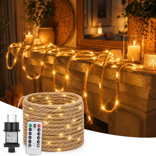 LED Lichterkette Seil,Fairy Lights Jute,12M 260 LED Hanfseil Lichterkette,Hanfseil Fee Lichterkette Aussen mit Stecker,Warmweiße Naturseil Lichterketten für Weihnachten,Party,Hochzeit,Garten Deko