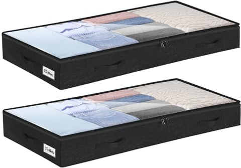 Underbed Storage Bags 2 Pack, 10cm Tall Large Under Bed Storage Box with zip, Foldable Shallow Wardrobe Storage Organiser with Clear Window & Reinforced Handle for Clothes, Blankets, Shoes, Bedding