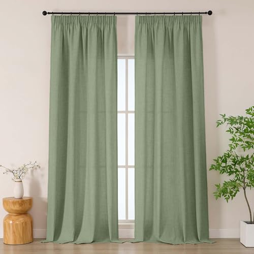 Simplebrand Grün extra Lange Boho Gardinen in Leinenoptik, 2er Set H 245 x B 140 cm, halbtransparente Gardinen mit Kräuselband für Schiene, für Wohnzimmer & Schlafzimmer