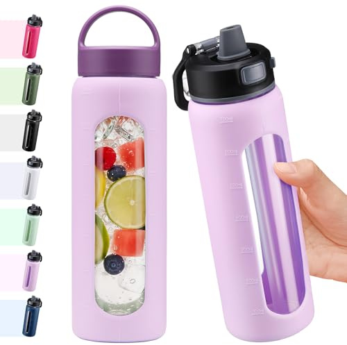 BLUEGO 700ml Bouteille d'eau verre avec 2 couvercles-Couvercle à verrouillage par simple pression et poignée Gourde réutilisable avec marquage du temps Pour voyages Maison Sport Sans BPA, Violet