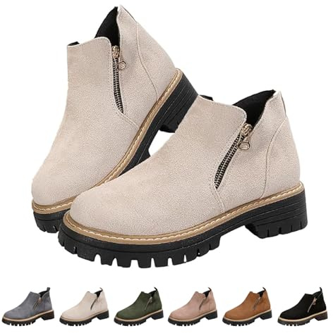 DUOCHSUA Stivaletti da donna con punta arrotondata, con cerniera laterale, tacco grosso, in pelle scamosciata, tacco basso, antiscivolo, casual, Beige, 38 EU