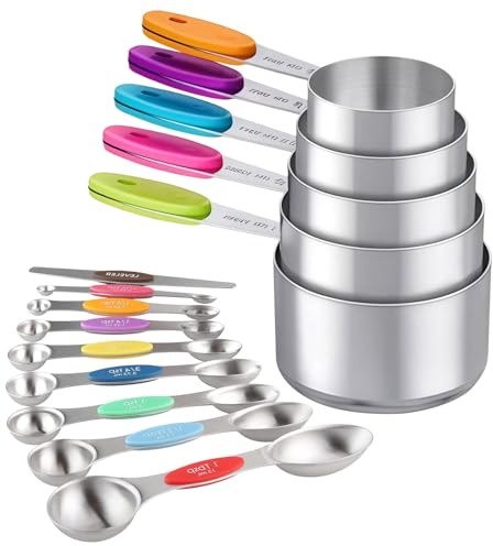 13 Pcs Magnetic Measuring Cups Spoons Set, 5 Cups,7 Double Sided Spoons | 1 Leveler, Stainless Steel Fits In Spice Jars, Dishwasher Safe, Nesting Kitchen Gadgets For Cooking Baking
