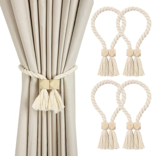 4 Stück Magnetische Vorhang Raffhalter, Holz Boho Raffhalter für Vorhänge, Magnetisch-Handgewebt Raffhalter Rohne Bohren für Wohnzimmer Schlafzimmer Balkon Boho Deko