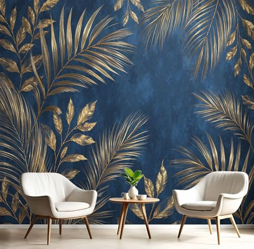 DLERFLOVR Papier Peint Panoramique Style Bohème 350x250cm Papiers Mural Feuilles De Palmier Dorées XXL Muraux Tapisserie Photo Décoration pour Salon Chambre Restaurant - Bleu Foncé