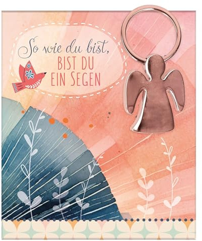 Engel-Schlüsselanhänger aus roségoldfarben Metall: geliefert in ansprechenden Geschenkverpackung mit Segenswunsch, 3,5 x 7,3 cm groß, christliches Geschenk für Mädchen & Jungen