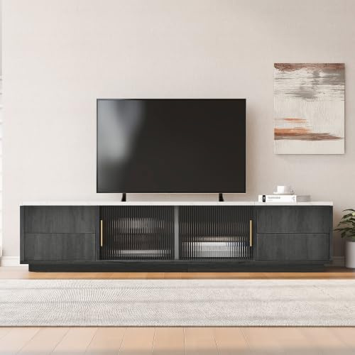 Merax 160cm Deluxe TV Stand für 70 TV – Grauer TV Schrank mit Marmoroptik Tischplatte, 4 Push-to-Open Schubladen, Kabelmanagement und Glastüren – Modernes Lowboard für Wohnzimmer