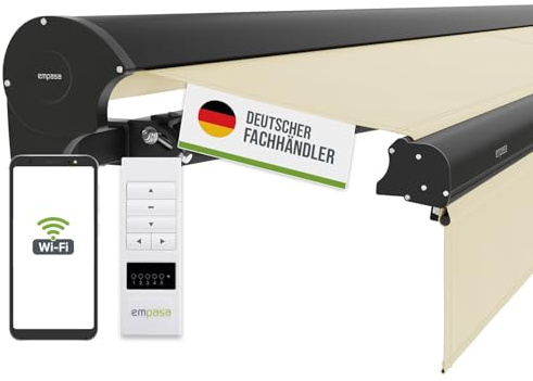 empasa elektrische Kassettenmarkise Expert Plus Markise mit WiFi-Motor | Smart Home kompatibel, Terrassenüberdachung mit Volant, komplett vormontiert, Farbe:elfenbein, Größe:4 x 3 m