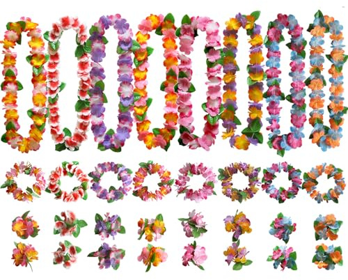 HanQZen 32 Stück Hawaii-Blumenketten Set mit Halsketten, Stirnbändern & Armbändern für Luau Party Hawaiianischen Strandparty, Tropical Hawaii Party, Strandurlaub und Musikfestivals (Bunt-32pcs)