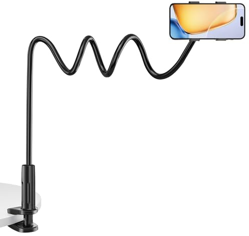 Lumive Gooseneck Phone Holder, Sturdy Aluminium Alloy Flexible Arm, 360° Adjustable Bed Phone Stand with Clamp Base, Compatible with iPhone 16/15/14/13/12/11 Pro Max, Samsung Galaxy & 4-7 Devices