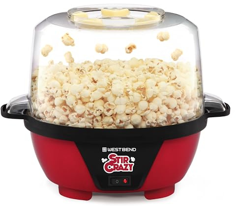 West Bend Stir Crazy Hot Oil Popcorn Popper, Popcorn Maker Machine with Large Serving Bowl Lid and Stirring Rod Perfect for Movie Night Snack Time or Parties, 6-Quart, Red