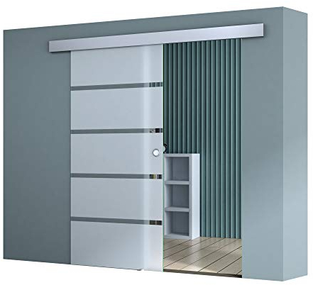 doporro Porta Scorrevole in Vetro Esterno Muro con Binario 90 x 205 cm, Vetro Satinato Opaco con Righe Trasparenti 8 mm, Porte Interne Scorrevoli per Bagno Cucina Studio Amalfi-plus 11