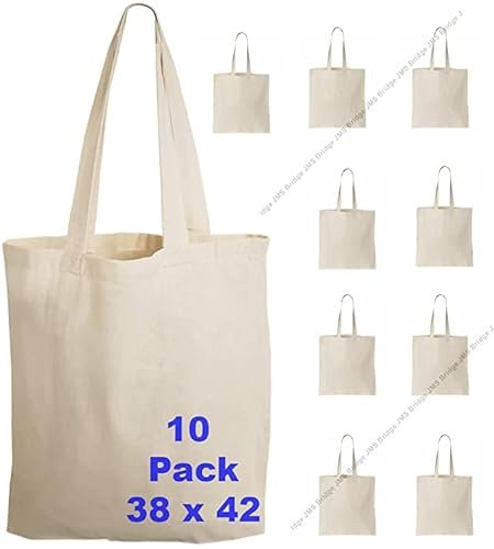 JMS Bridge 10 Cotton Bag Tote Bags, Reusable Premium Natural Cotton Shopper Bags with Long Handle; Ideal for Shopping. Can be Screen Printed, Designed and Customized. Machine Washable. (Pack of 10)