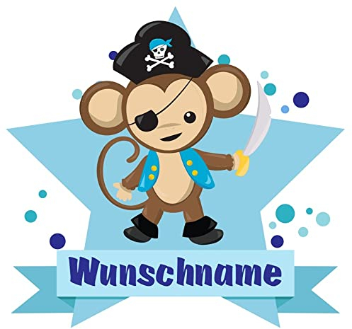 Samunshi® Piraten Affe Wandtattoo Türschild mit Name personalisierbar Kinderzimmer Türaufkleber Baby Wandaufkleber - 40x35cm mehrfarbig