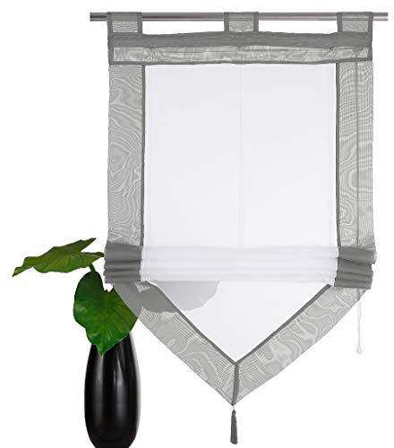 SIMPVALE - Roman Blind for Kitchen Bathroom Balcony - Liftable Transparent Voile Window Curtain with Tassel Decoration, Grey, 60x140cm