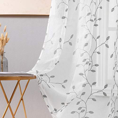 MIULEE Sheer Vorhang Voile Blumen Stickerei Vorhänge mit Ösen transparent Gardine 2 Stücke Ösenvorhang Gaze paarig schals Fensterschal für Wohnzimmer Schlafzimmer 225 cm x 140 cm(H x B) 2er-Set