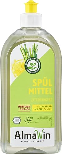 AlmaWin® Spülmittel Bio mit Zitronengras-Duft – 6x500ml Spüli – Kraftvolles Geschirrspülmittel flüssig mit hoher Fettlösekraft – Vegan Dish Soap – Ergiebiges Konzentrat