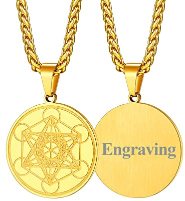 FaithHeart Edelstahl personalisierter Metatrons Würfel Anhänger in Silber/Vergoldet/Schwarz mit 55cm+5cm Weizenkette für Herren und Damen