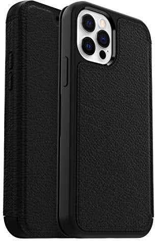 OtterBox Strada Case for iPhone 12 / iPhone 12 Pro, Shockproof, Drop proof, Premium Leather Protective Folio with Two Card Holders, 3x Tested to Military Standard, Black, No Retail Packaging