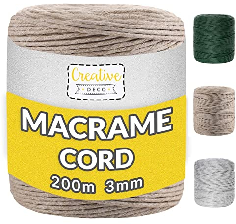 Creative Deco 200m Dunkel-Beige Makramee Garn 3mm | 656 Fuß | 15-lagig Schnur | Baumwollgarn Baumwoll Kordel Große Rolle Naturliche Stark | Macrame Cord 3mm für Basteln, DIY, Handwerk & Boho Deko