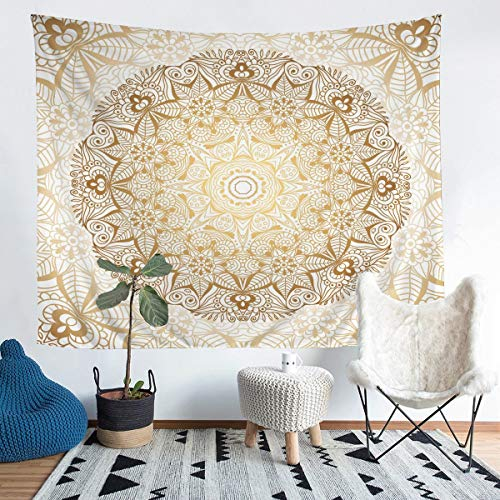 Boho Mandala Wandteppich 175x230cm Tapisserie böhmischen Stil für Teenager Luxus Golden Weiß Mandala Dekor Wandbehang Exotisches Blumenmuster Wandtuch