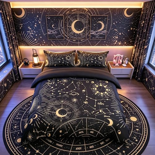 Loussiesd Sun and Moon Duvet Cover Boho Exotic Bedding Set Galaxy Astrology Comforter Cover for Boys Girls Children Teens Bedroom Decor Chic Cute Luxury Zodiac Signs Bedspread Cover Super King