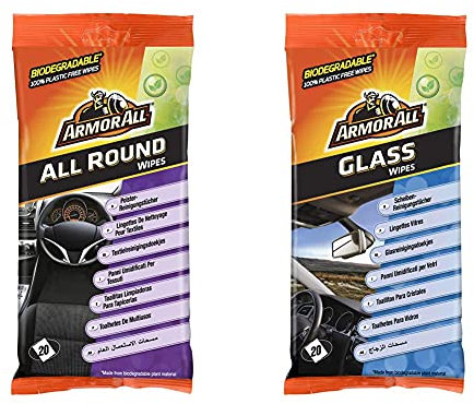 Armor All Polsterreinigungstücher 20 STK. GAA38020ML für Sitze, Teppiche, Matten, Textilien u.v.m, 38020L & Scheibenreinigungstücher 20 STK. GAA37020ML, streifenfrei + schlierenfrei
