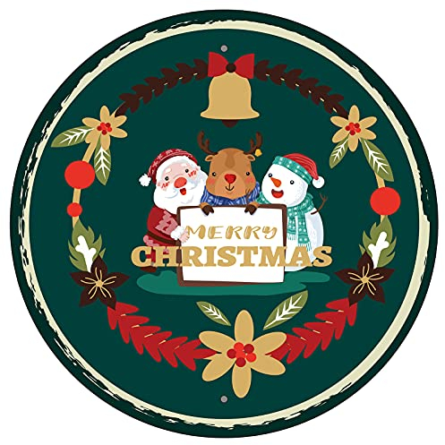 CREATCABIN Frohe Weihnachten Schild Runde Metall Blechschild Glocke Girlande Elch Schneemann Weihnachtsmann Retro Plaque Hängendes Poster Zuhause Kunst Küche Bar Cafe Garage Außendekoration 12 Zoll
